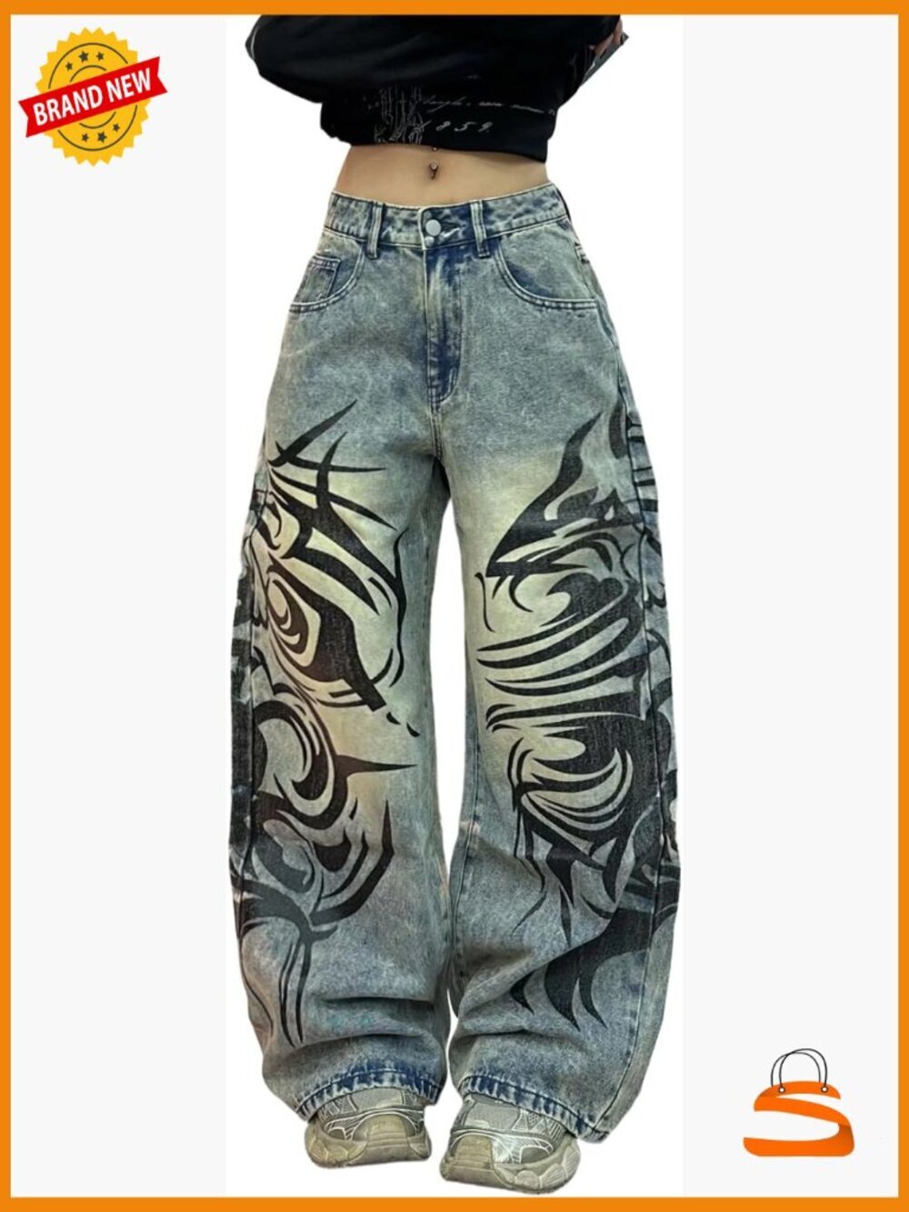Wide Leg Baggy Jeans with Graphic Digital Print Streetwear Y2k